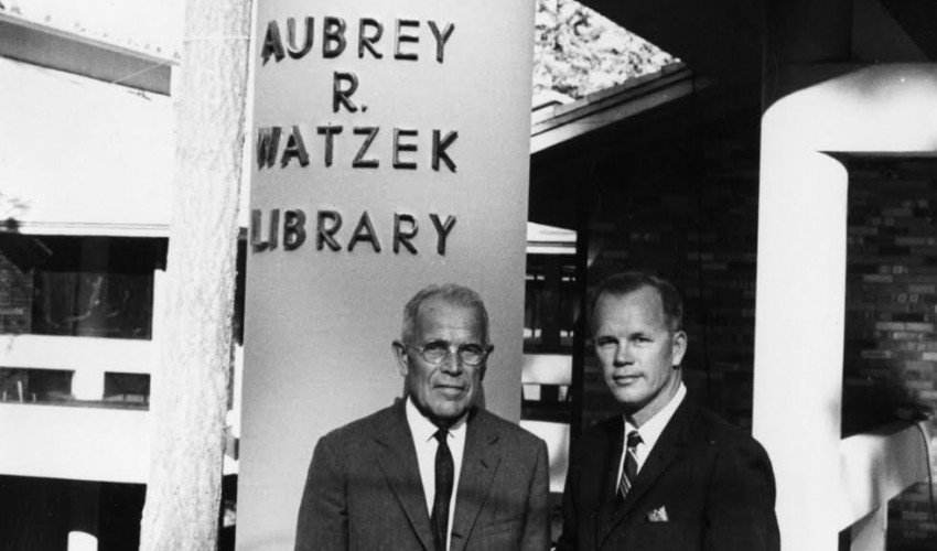 Aubrey R. Watzek (left) and Lewis & Clark President John Howard (right), ca. 1967